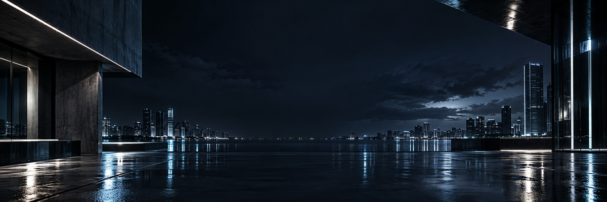 Midnight city skyline with reflective pavement in Outside Hours navy and silver